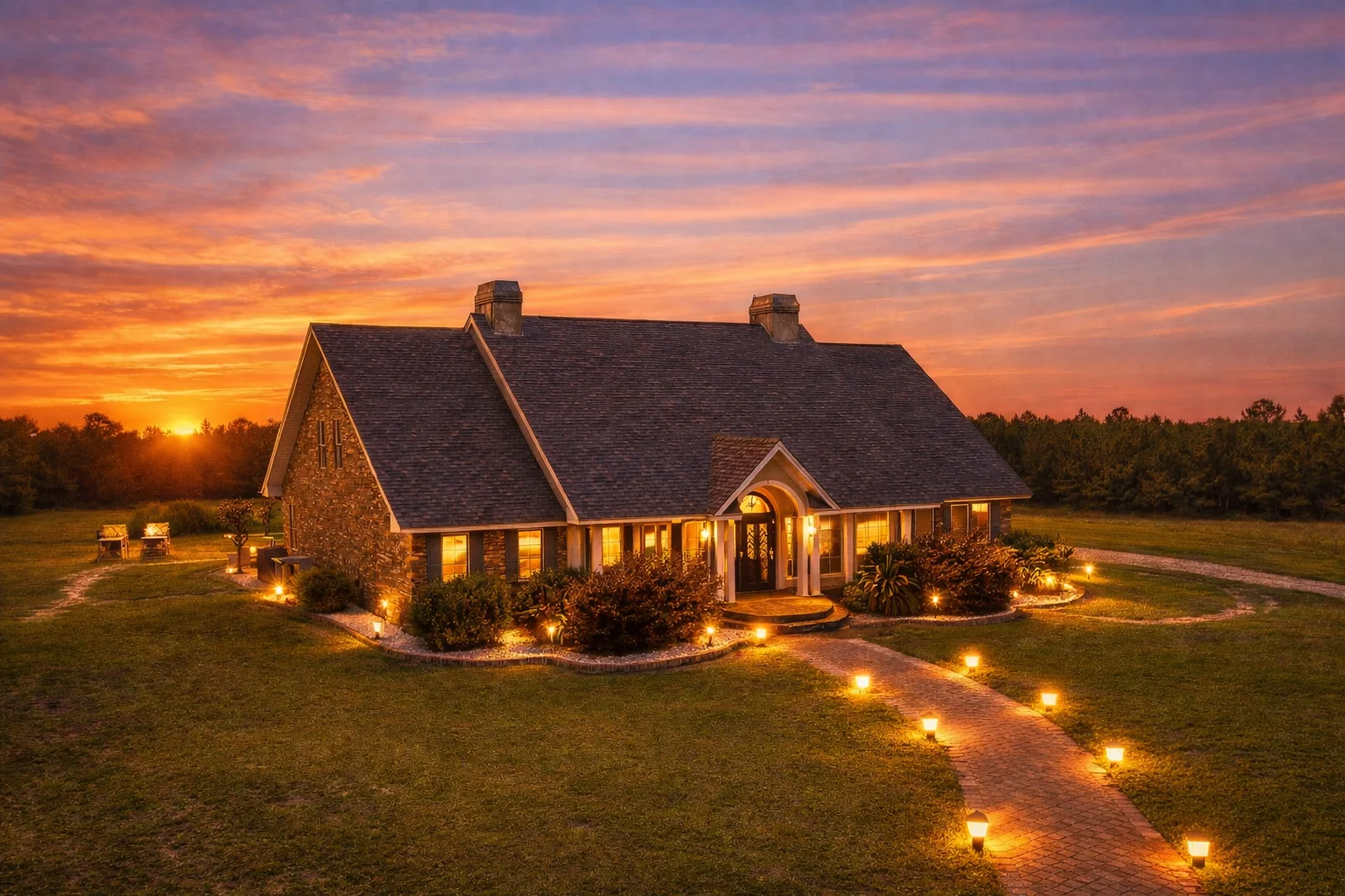 Main house at sunset with illuminated pathway