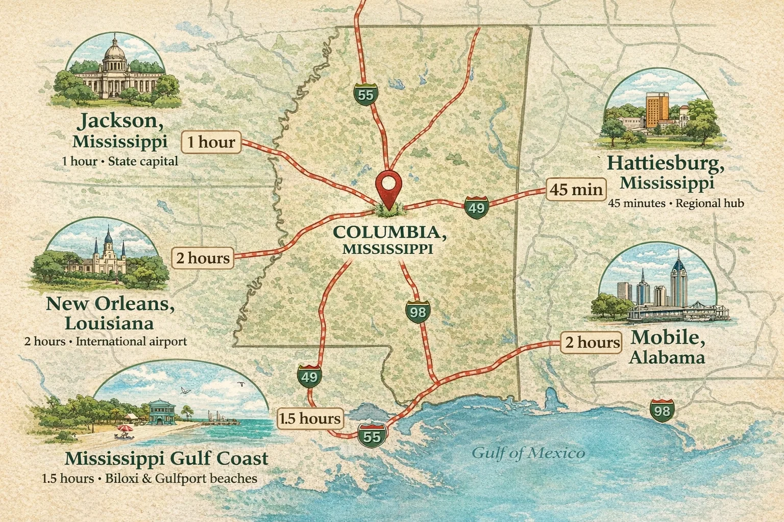 Central location map showing Columbia, Mississippi's proximity to major cities