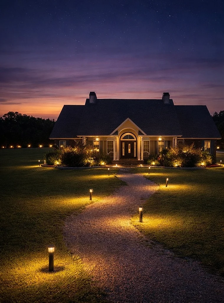 Magnolia Fields luxury estate home at twilight with illuminated pathway