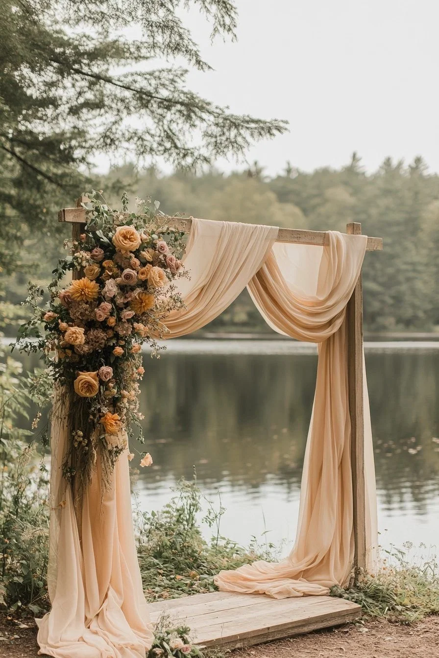 Lakefront ceremony arch with floral styling at Magnolia Fields