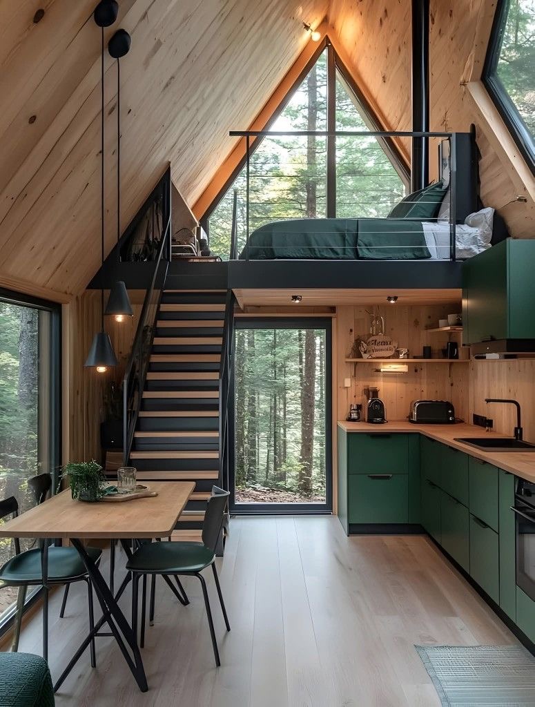 Modern A-frame cabin interior with emerald kitchen and loft bedroom