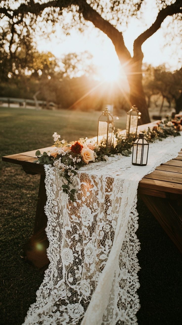 Golden hour outdoor dining setup under oak tree