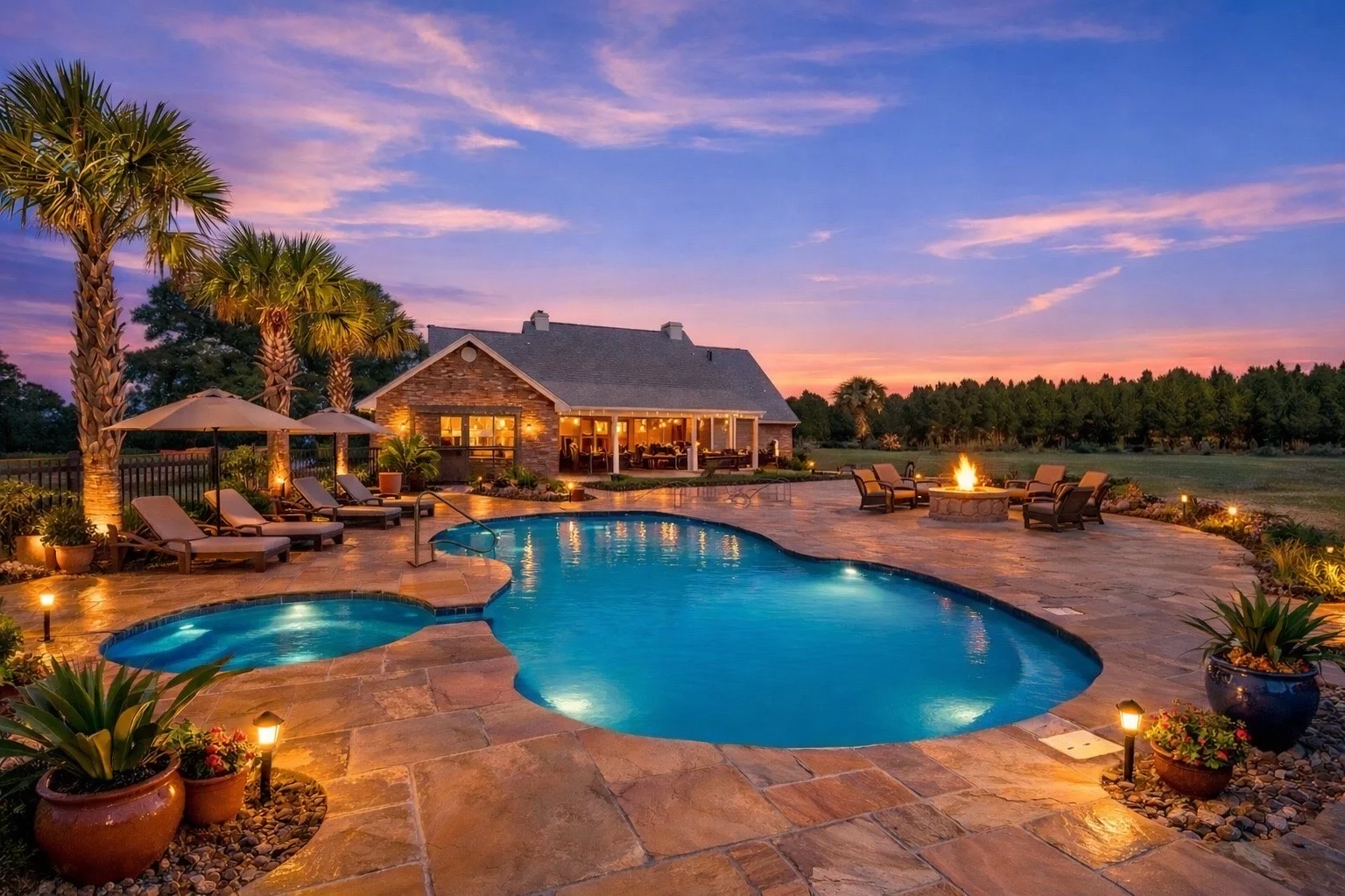 Luxury pool fire pit and main house at twilight