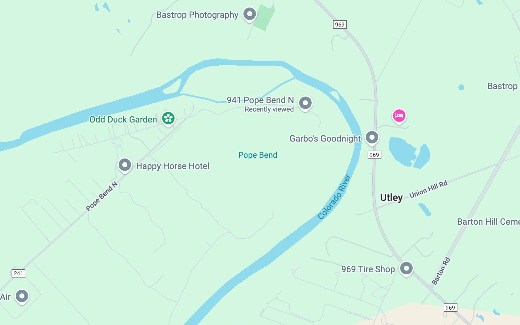 Location map showing 941 Pope Bend Rd on the Colorado River